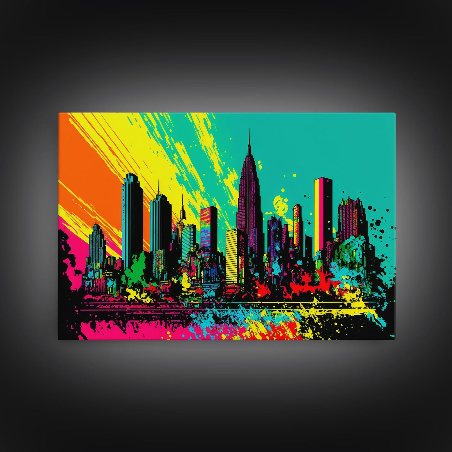 Chicago City Skyline Graffiti Art, Framed Canvas Print, Large Office Wall Decor, Huge Living Room Art