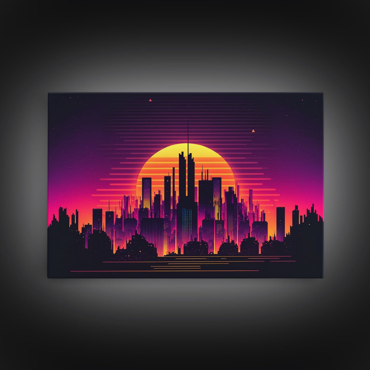 Outrun Style Futuristic Cyberpunk City Skyline at Sunset, Concept art, framed canvas print, dystopian art