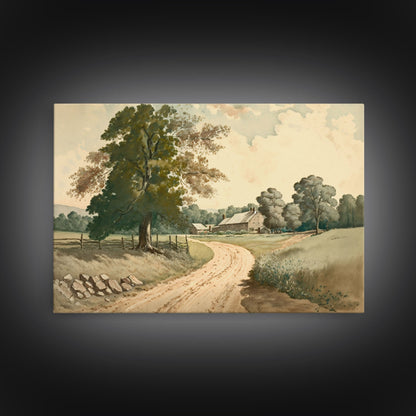 Vintage Landscape Wall Art Print, Nature Framed Large Gallery Art, Minimalist Art Ready to Hang, With Hangers, Muted Farmhouse Art