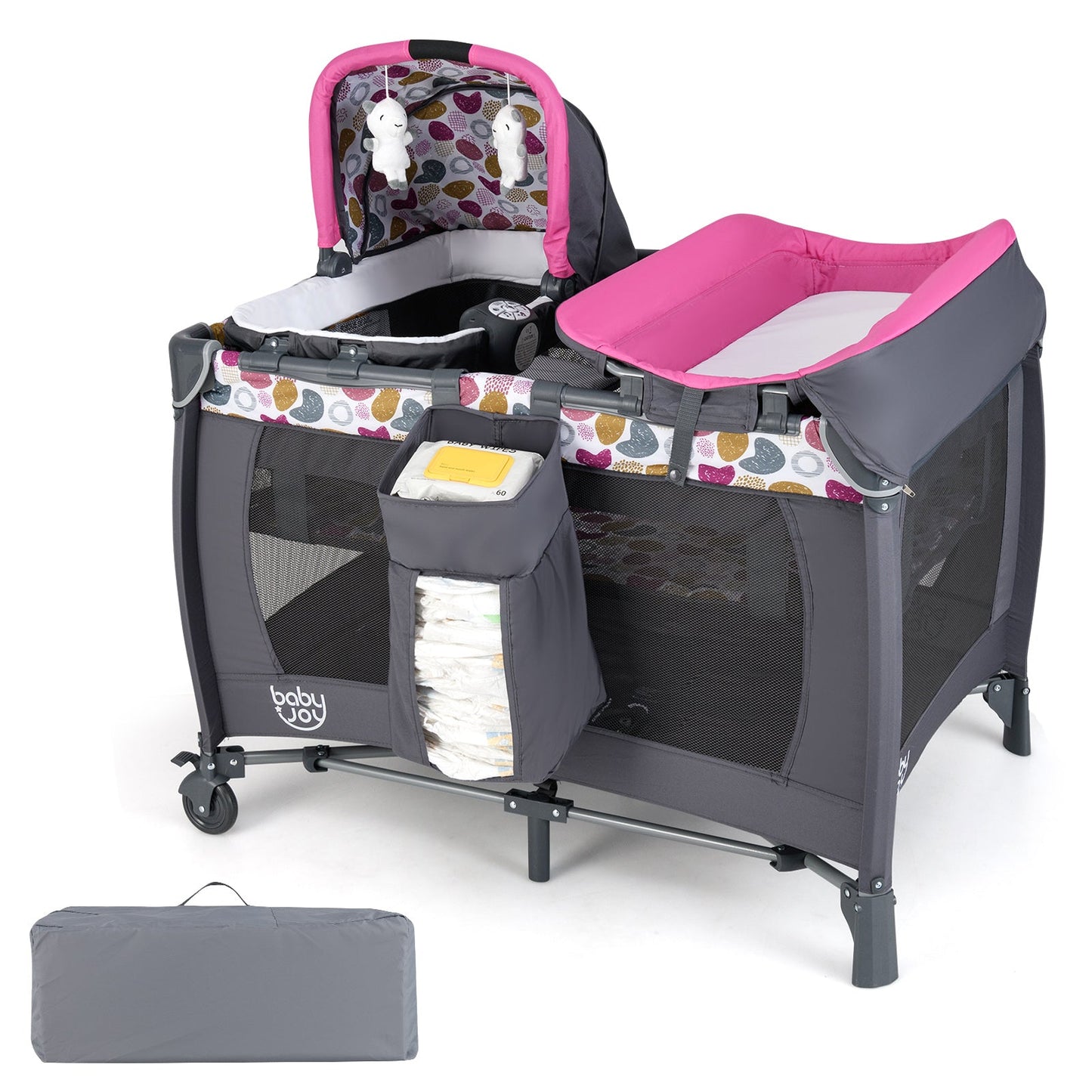 4-in-1 Convertible Portable Baby Playard Newborn Napper with Music and Toys-Pink