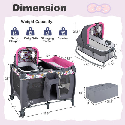 4-in-1 Convertible Portable Baby Playard Newborn Napper with Music and Toys-Pink