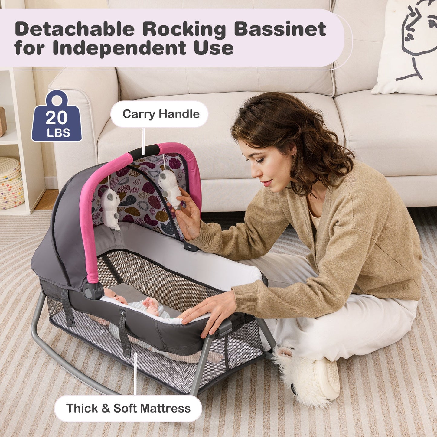 4-in-1 Convertible Portable Baby Playard Newborn Napper with Music and Toys-Pink