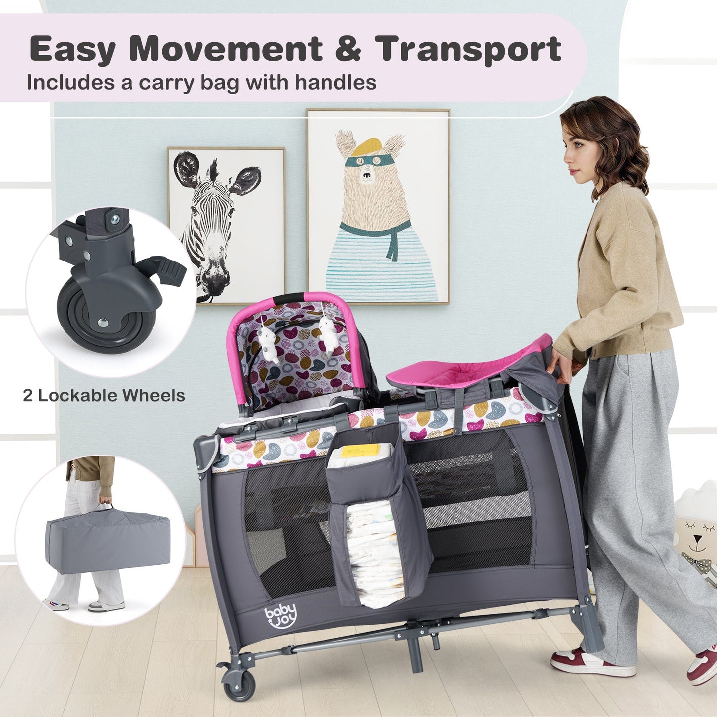 4-in-1 Convertible Portable Baby Playard Newborn Napper with Music and Toys-Pink