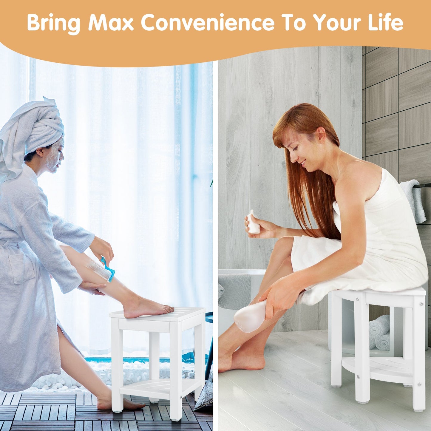 Heavy Duty Corner Shower Bench Stool with Storage Shelf for Shaving Legs-White