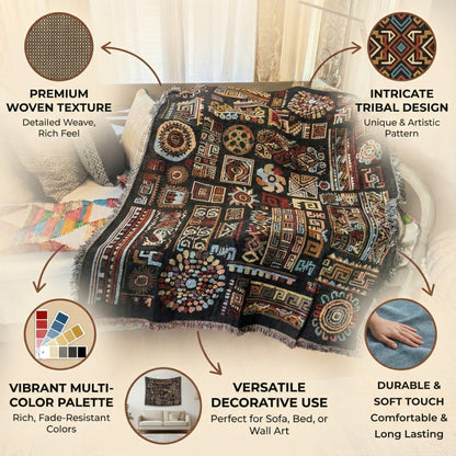 DaDa Bedding Elegant Tapestry Throw Blanket, Ethnic Ornaments Geometric Black - 50” x 60” (7174)