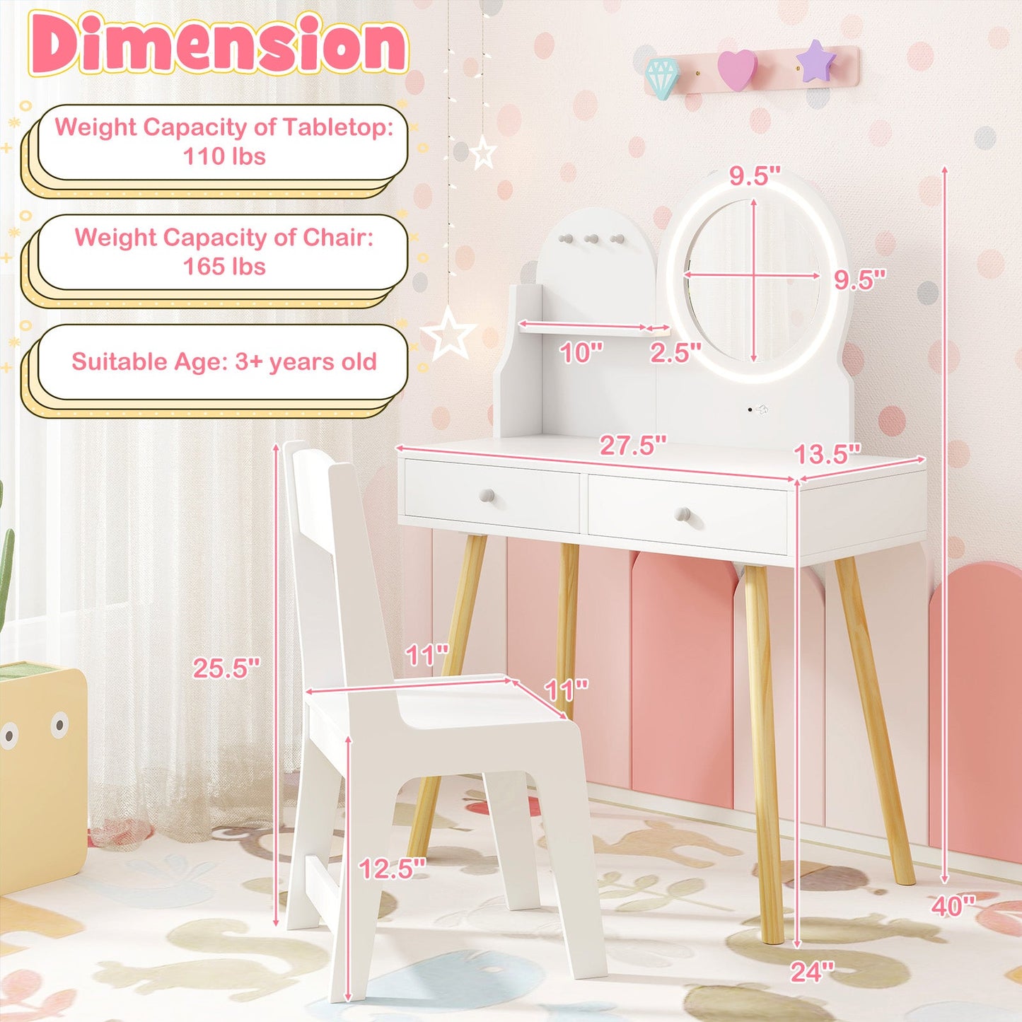Kids Princess Makeup Dressing Desk and Chair Set with Mirror and Lights-White