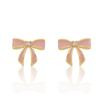 LMTS Classic! 14k Gold Plated Cz Center Enamel Bow Stud Earring