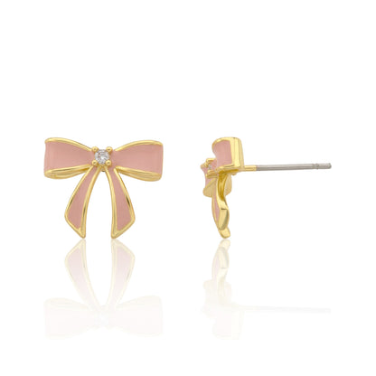 LMTS Classic! 14k Gold Plated Cz Center Enamel Bow Stud Earring
