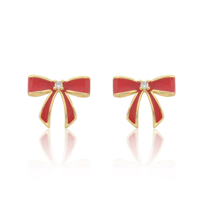 LMTS Classic! 14k Gold Plated Cz Center Enamel Bow Stud Earring