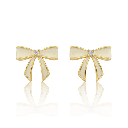 LMTS Classic! 14k Gold Plated Cz Center Enamel Bow Stud Earring