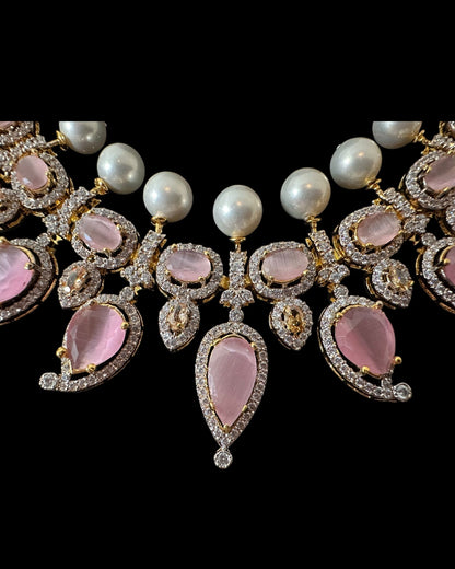 BR462  Anmol necklace set in pink( rose quartz ), Cats eye and pearls ( READY TO SHIP )