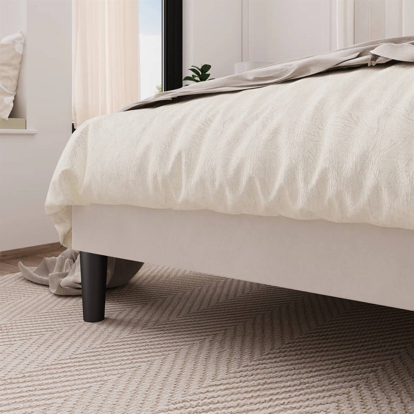 Full size White Velvet Upholstered Platform Bed Frame with Wingback Headboard