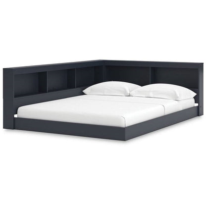 Full size Blue Wooden Corner Storage Bed with Bookcase Headboard and USB Ports