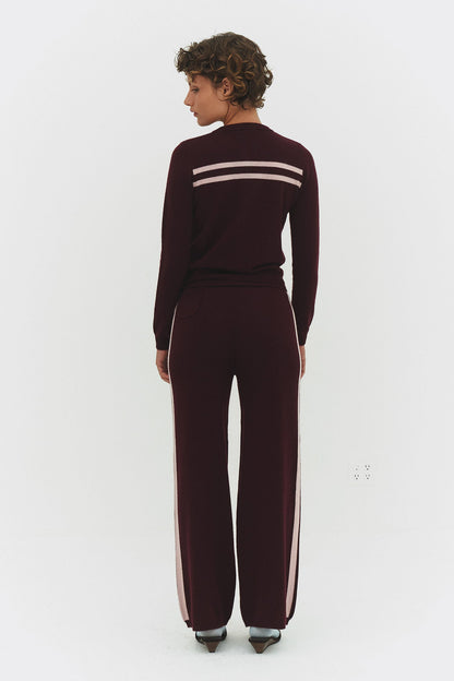 CASHMERE WOOL STRIPE CARDIGAN IN RASPBERRY CREAM