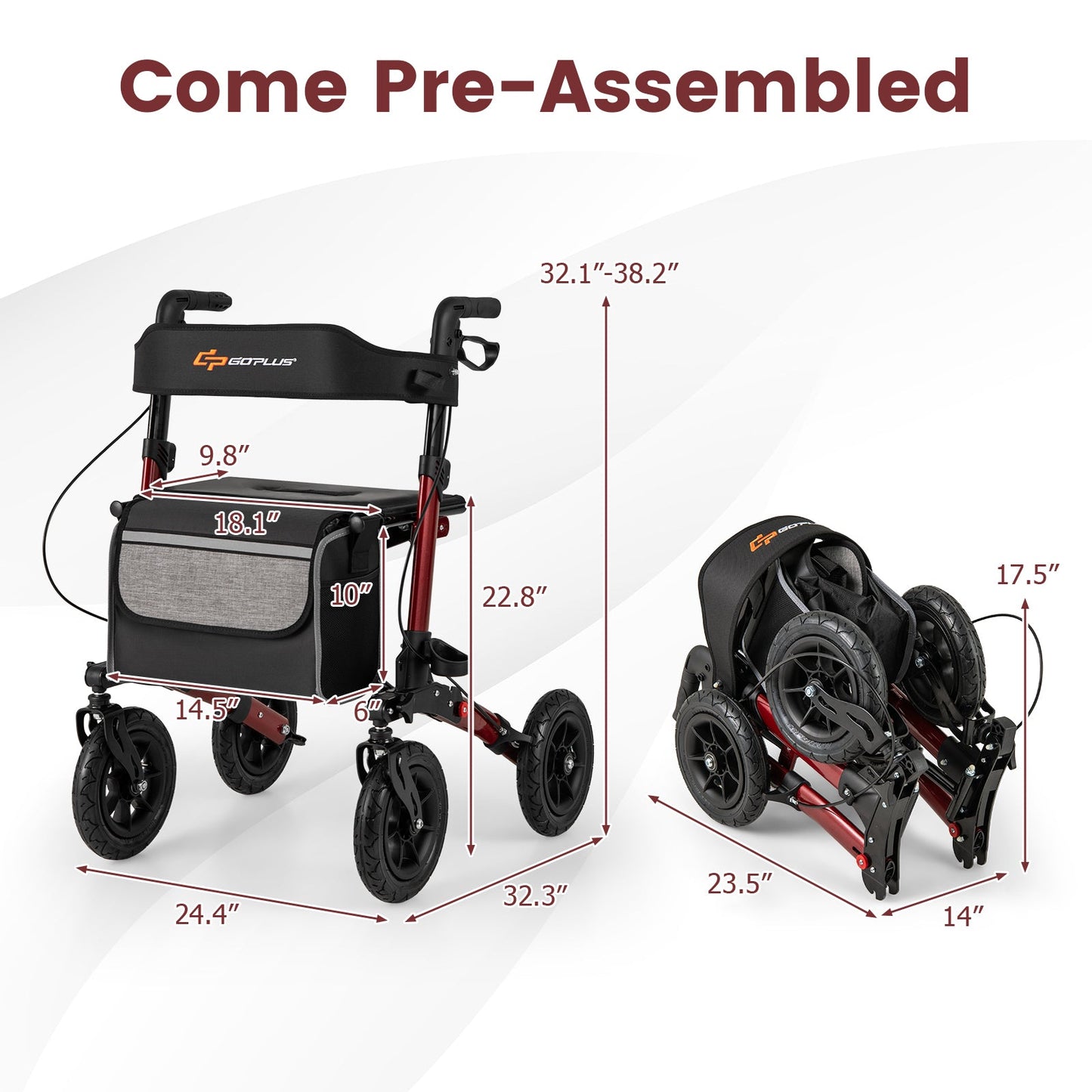 Folding Rollator Walker for Seniors with Seat for All Terrain-Red