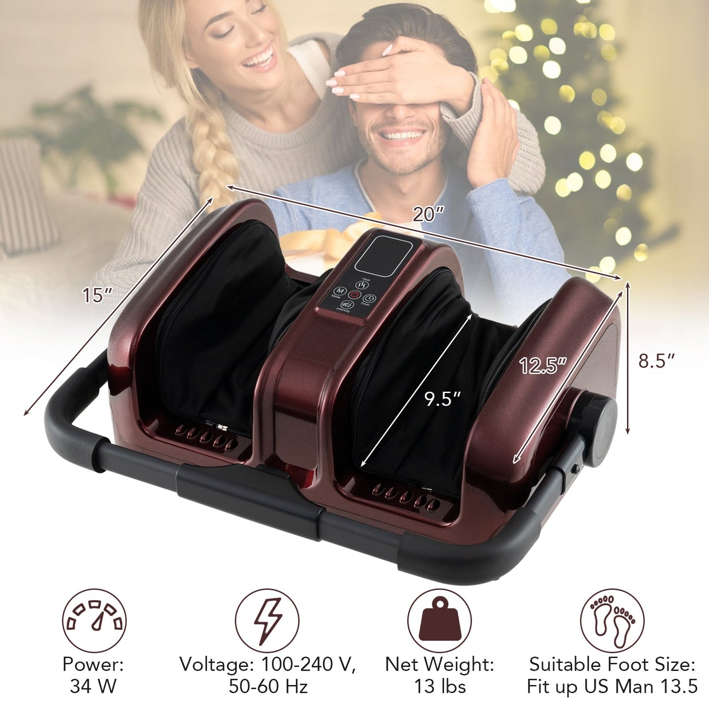 Foot and Calf Massager with Heat Shiatsu Deep Kneading Rolling Smart Electric Leg Massager-Red