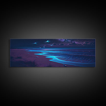 Night Moves, Retro Synthwave Beach Art, Framed Canvas Print, Starry night sky over the pacific ocean
