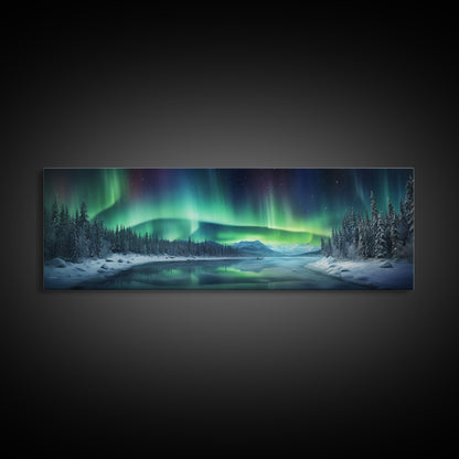Panoramic Aurora Borealis Wall Art, Framed Canvas Print, Snowy Winter Landscape Painting, Winter Centerpiece Wall Art