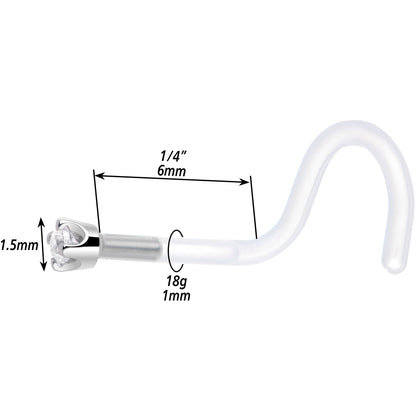 18G 1/4 White Gold 1.5mm Clear Cubic Zirconia Bioplast Nose Ring