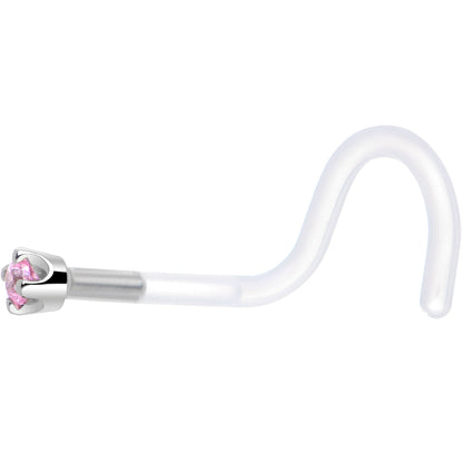 18G 1/4 White Gold 1.5mm Pink Cubic Zirconia Bioplast Nose Ring
