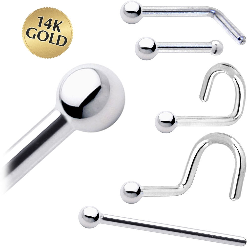 Solid 14K White Gold 1.5mm Ball Nose Ring