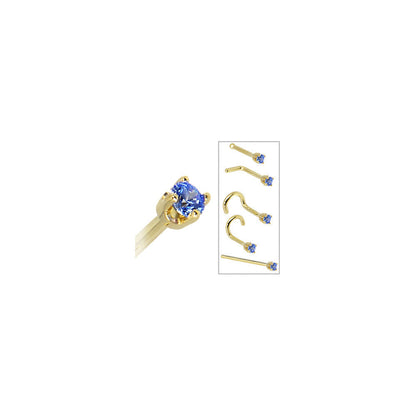 Solid 14K Yellow Gold 2mm Arctic Blue Cubic Zirconia Nose Ring
