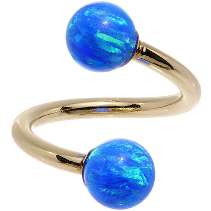 14k Yellow Gold Blue Synthetic Opal Spiral Twister 14G 7/16