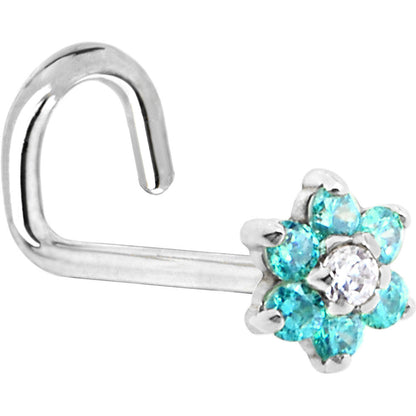 Solid 14K White Gold Mint Green and Clear Cubic Zirconia Flower Nose Ring