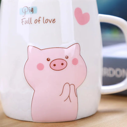 500ml Ceramic Pig Mug with Lid and Spoon | Cute Porcelain Coffee Tea Cup