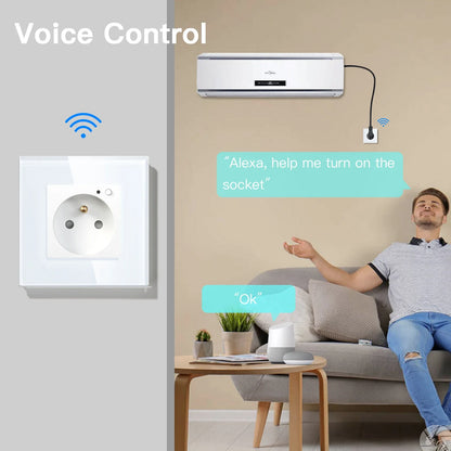 Bseed Wifi Wall Socket France Standard Crystal Glass Panel Smart Socket Outlets Work With Tuya Google Home Alexa Timer APP