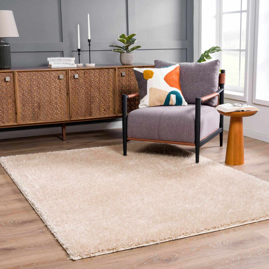Faina Solid Beige Shag Rug Washable