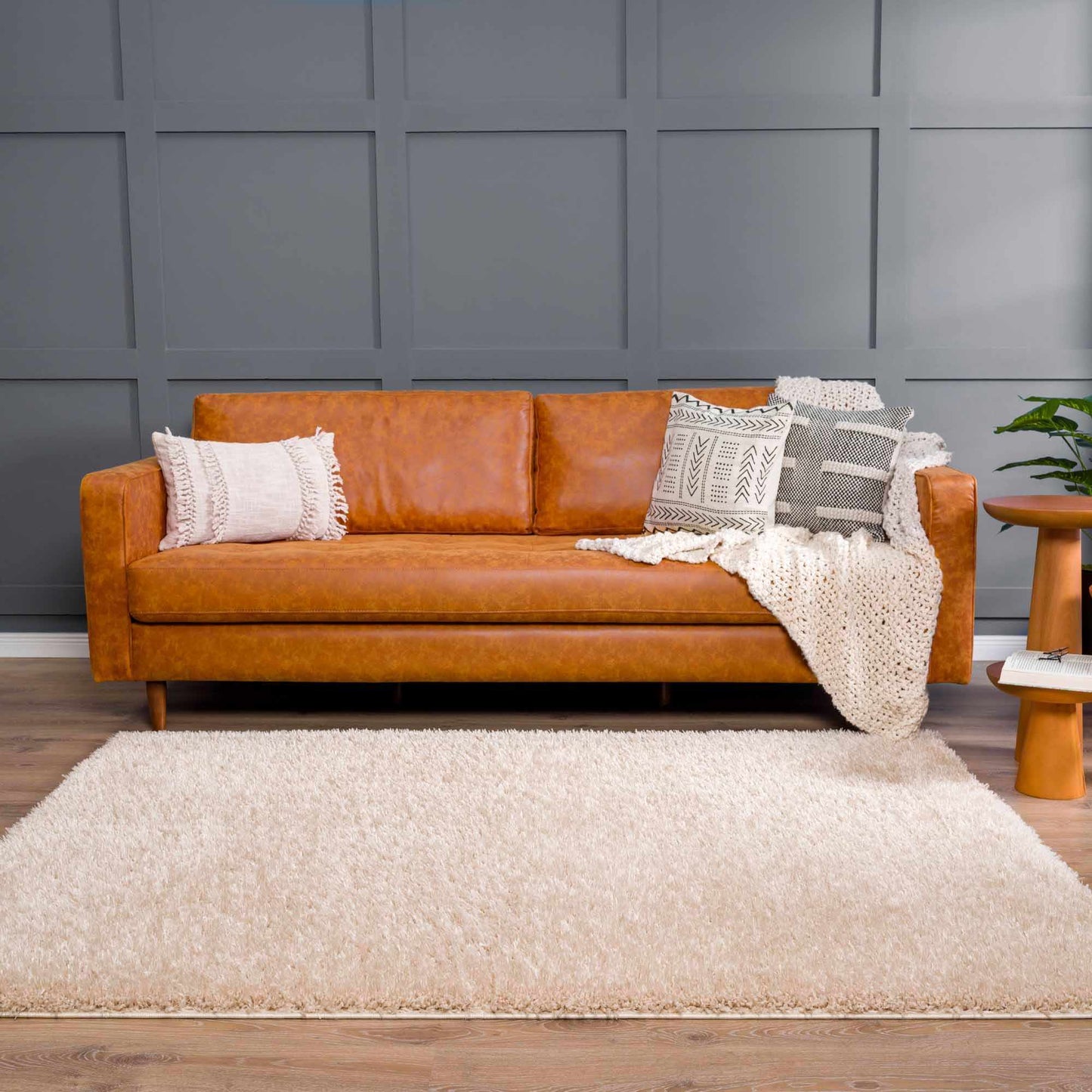 Faina Solid Beige Shag Rug Washable