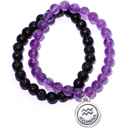 Handmade Lava Stone Amethyst Aquarius Zodiac Bracelet Set of 2