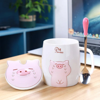500ml Ceramic Pig Mug with Lid and Spoon | Cute Porcelain Coffee Tea Cup