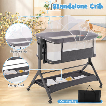 Height Adjustable Bedside Sleeper with Storage Bag and Soft Mattress for Baby-Gray