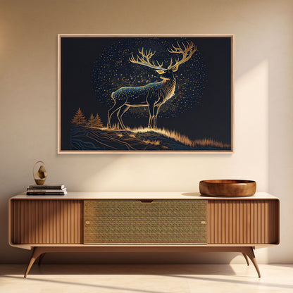 Deer made of stars, reflection stag, framed canvas print, unique wall art, starry night stag