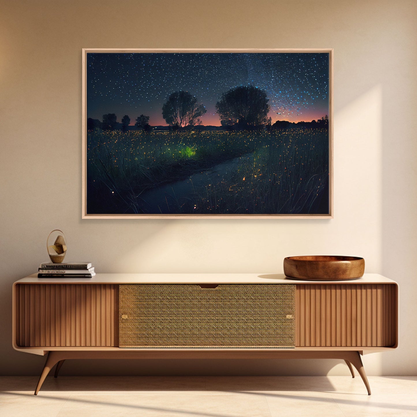 Fireflies light up the Oklahoma Prairie under a Starry night sky, framed canvas print