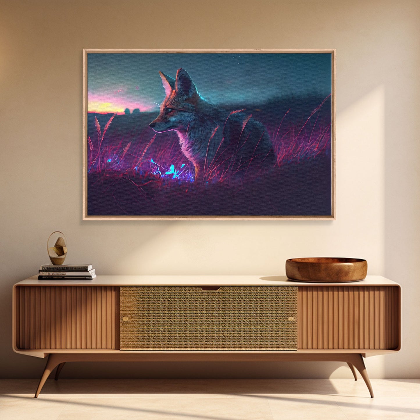 Cute animal prints, vaporwave fox hunting in the tall grass, framed canvas print