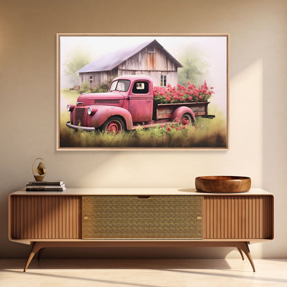 Old Pink Truck Used As a Flower Bed, Framed Canvas Print Or Poster, Rustic Farmhouse Decor, Primitive Art, Country Home Art