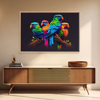 Tropical birds, vibrant and colorful animal print, parrots, framed canvas print, Framed wall art