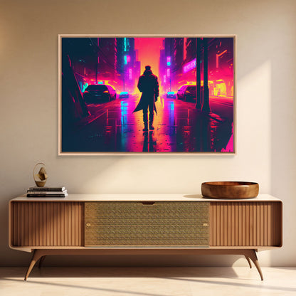 Cyberpunk bounty hunter art, vaporwave synthwave dystopian cityscape, framed canvas print