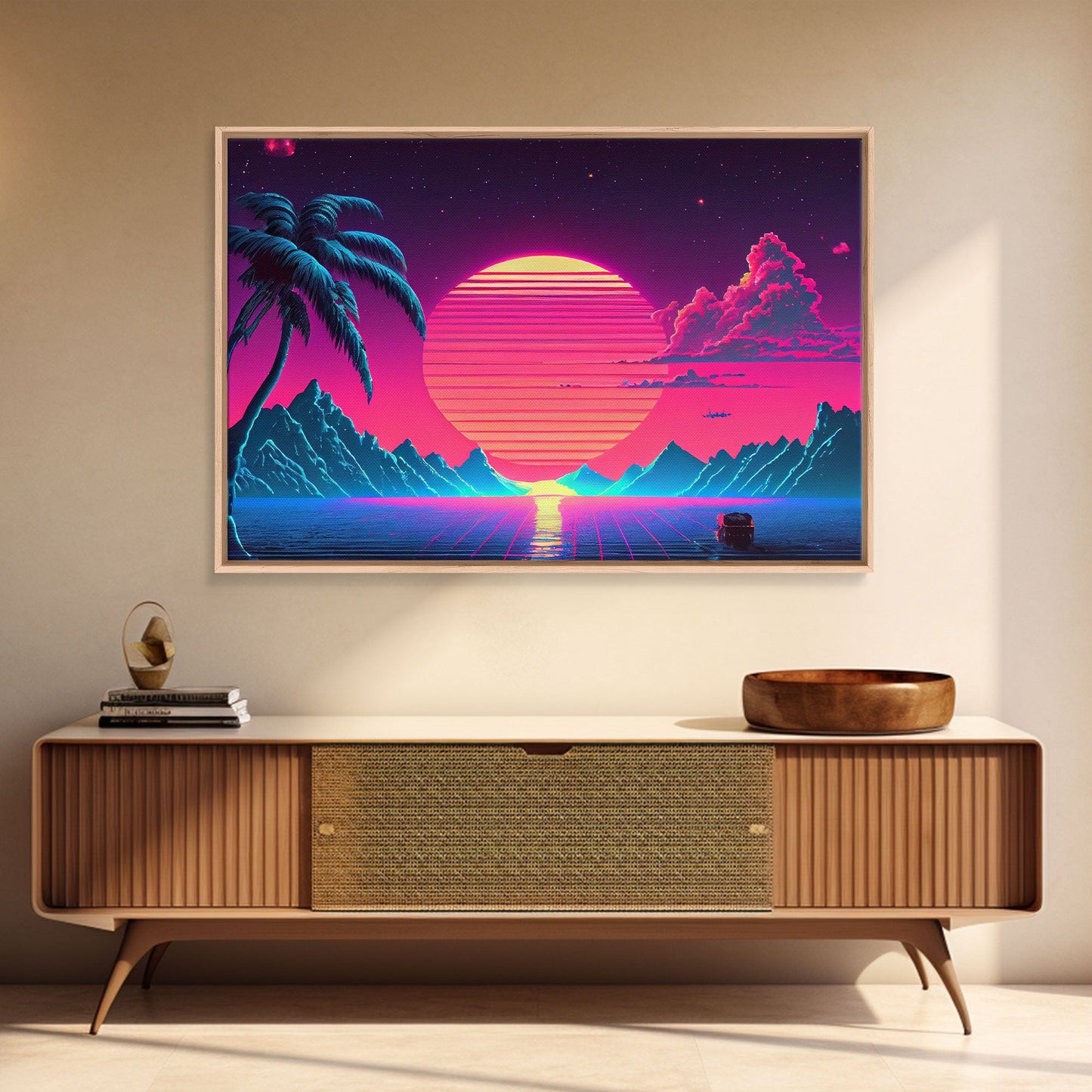 Retro Outrun Style Palm Trees and Sunset, Framed Canvas Print, Wireframe lake and mountain vista