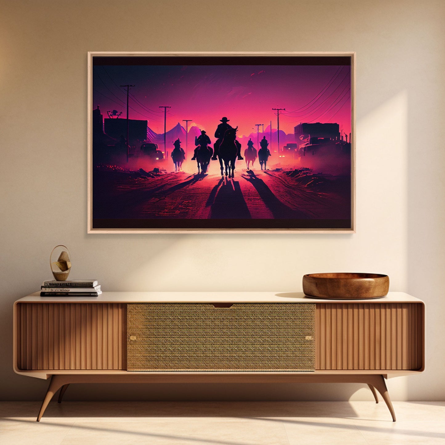 Retro Synthwave Style Post-Apocalyptic Cowboys, framed canvas print, retro outrun style wild west art