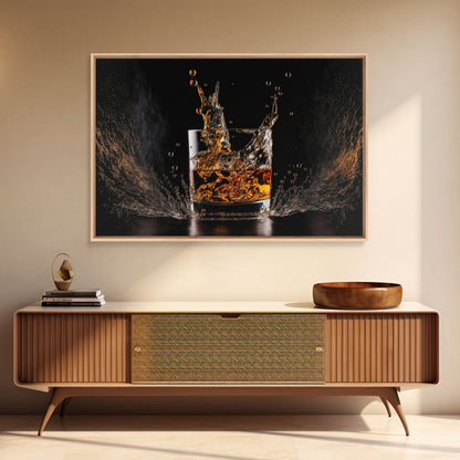 Whiskey Wall Décor, Ice falling into a glass of whiskey, modern / contemporary bar wall art, framed canvas print