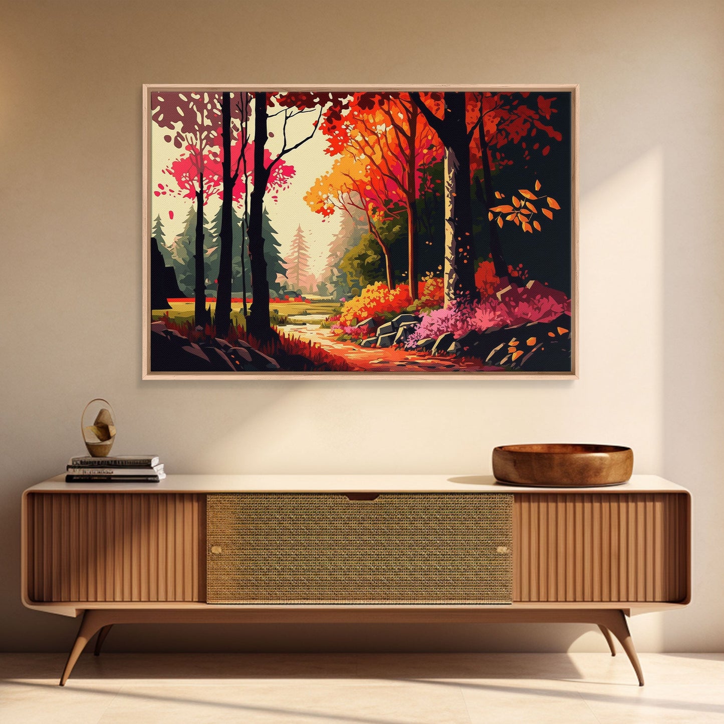 Pop Art Style Fall Forest Landscape, Framed Canvas Print, Unique living room wall art, above sofa art, Color Pop forest art