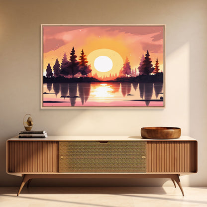 Sunrise Over The Lake and Forest, Lakehouse landscape art, orange and red tones, framed canvas print, watercolor art