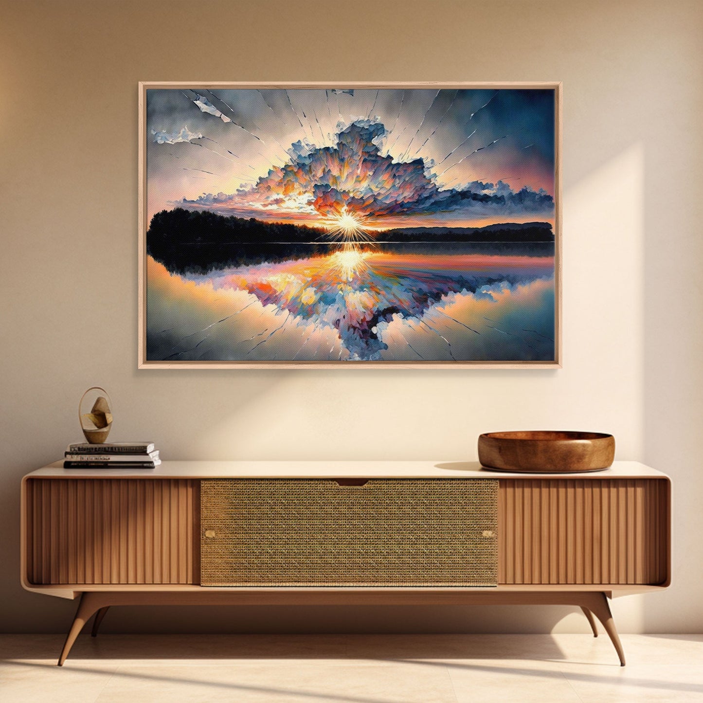 Sunset Reflection over a Lake, framed canvas print, framed wall art, colorful decor, above couch art