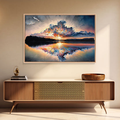 Sunset Reflection over a Lake, framed canvas print, framed wall art, colorful decor, above couch art