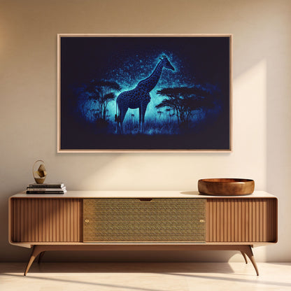 Surreal Giraffe Art, Wildlife Print, Animal Prints, framed canvas print, framed wall art, colorful turquoise night sky