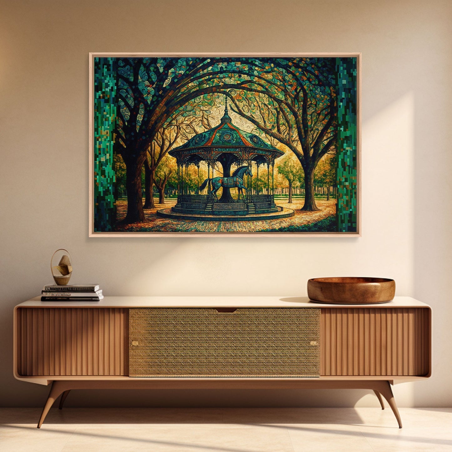 Framed Canvas Print, Painting of a Vintage carousel, Stained Glass Style Wall Art